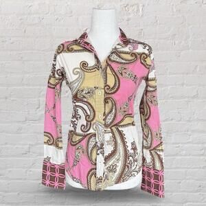 y2k paisley long sleeve button up top with white pink and brown details